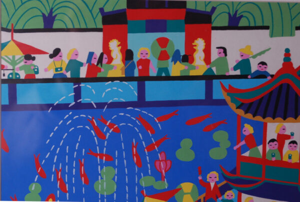 Chinese Huxian Peasant Painting PARK FESTIVAL Gouache Signed Chen Wei Xiong 1990s - Image 5