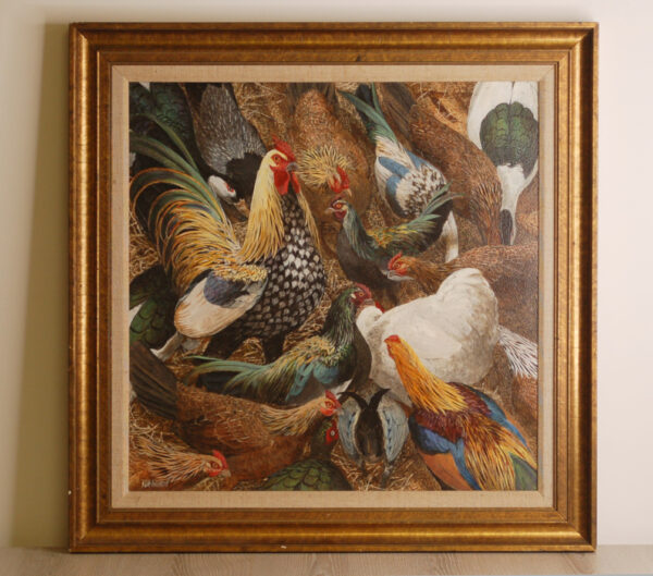 Ken Turner (1937-) Chickens and fowl feeding - acrylic on board
