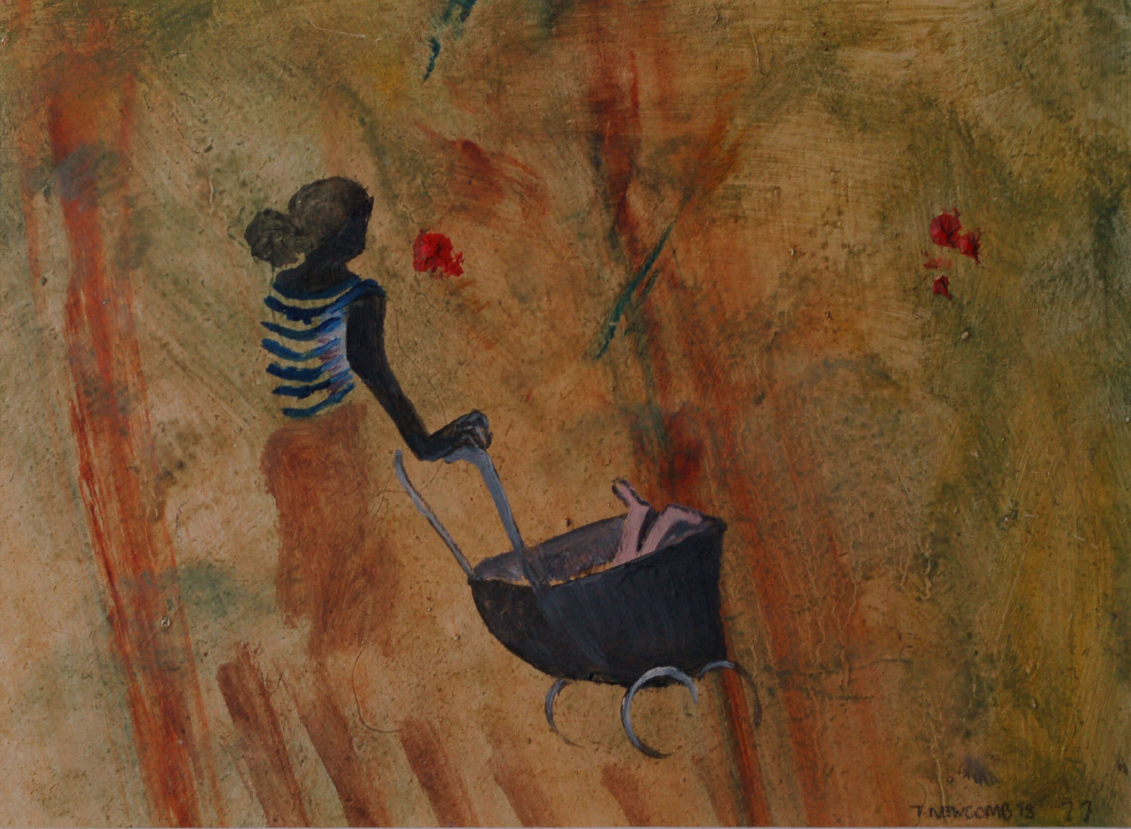 Tessa Newcomb 1955- Girl with Toy Pram, Chivalry Road, Battersea 1977 - Oil on board