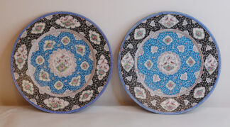 Pair Isfahan Persian Hand Painted Enamel on Copper Plates – antique Minakari c.1900