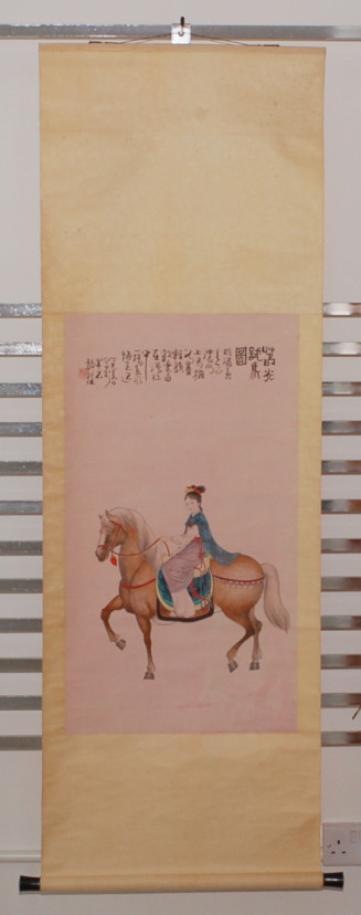 Vintage Chinese Scroll Painting YOUNG WOMAN BEAUTY ON HORSE - Image 3