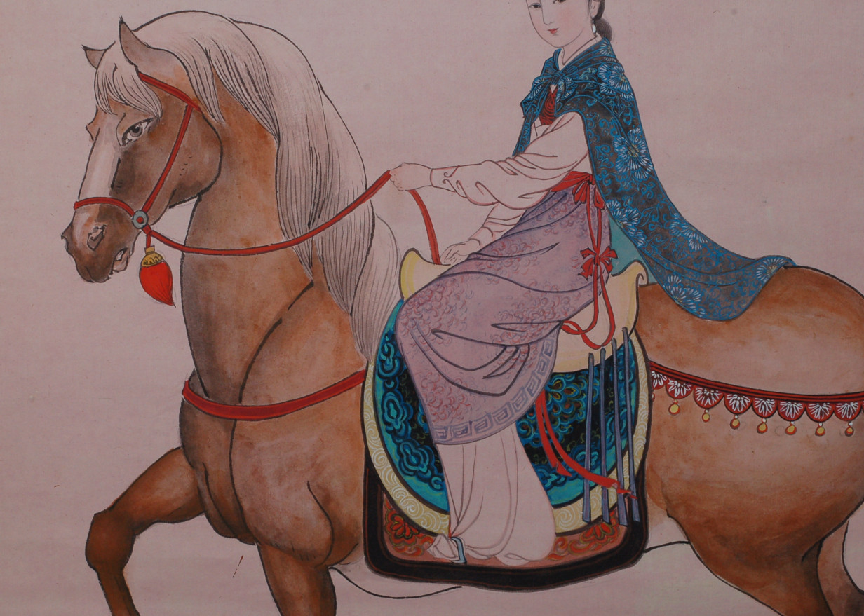 Vintage Chinese Scroll Painting YOUNG WOMAN BEAUTY ON HORSE - Image 8