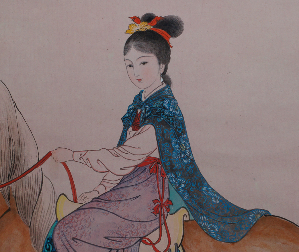 Vintage Chinese Scroll Painting YOUNG WOMAN BEAUTY ON HORSE - Image 4